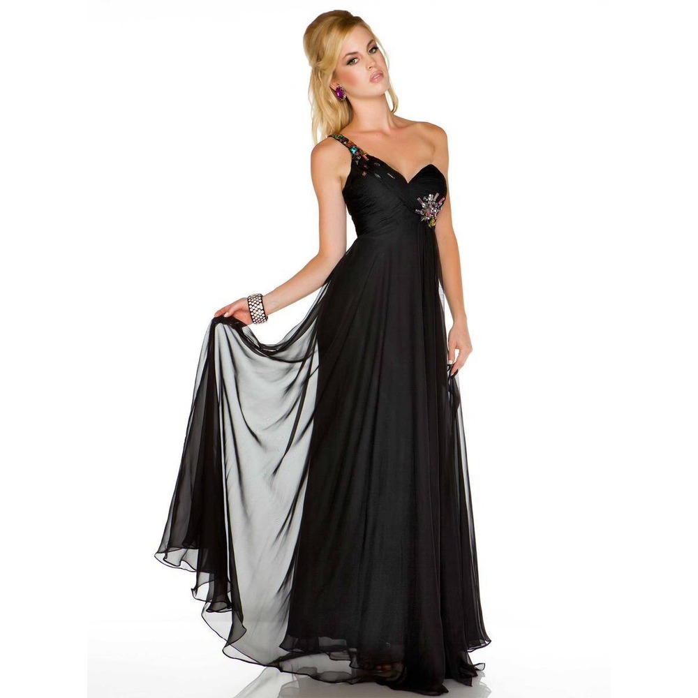 Mac Duggal 6459L One Shoulder Gown Black Multi Jewel Embellished Chiffon Dress6